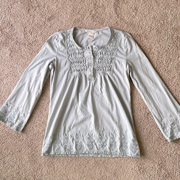 Sundance Long Sleeve Pleated Henley Embroidered Top - Picture 1 of 6